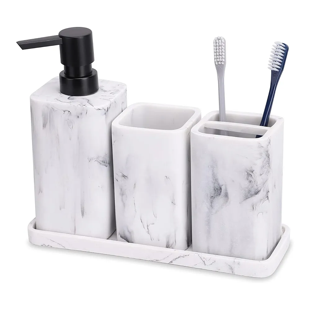 Black White Marble Effect Bathroom Sets Modern Hotel Resin Bathroom Accessories Set Soap Dispenser Toothbrush Holder Soap Dish