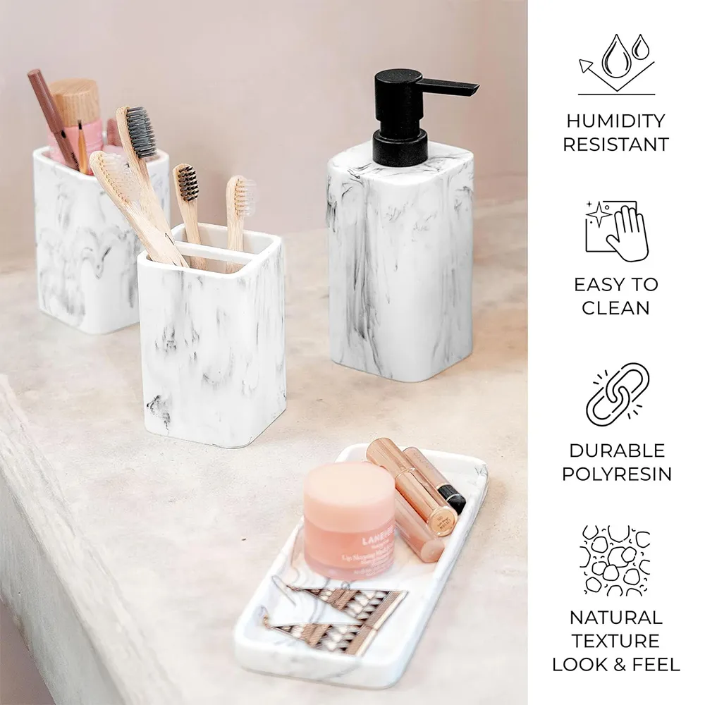 Black White Marble Effect Bathroom Sets Modern Hotel Resin Bathroom Accessories Set Soap Dispenser Toothbrush Holder Soap Dish