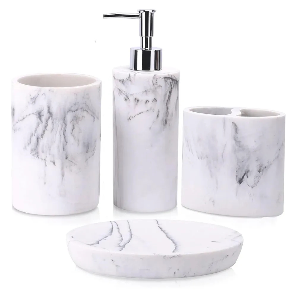 Simple Marble Effect Resin Bathroom Accessories Set North European Eco Friendly 4pcs With Soap Dish Tumbler Resin Bathroom Sets