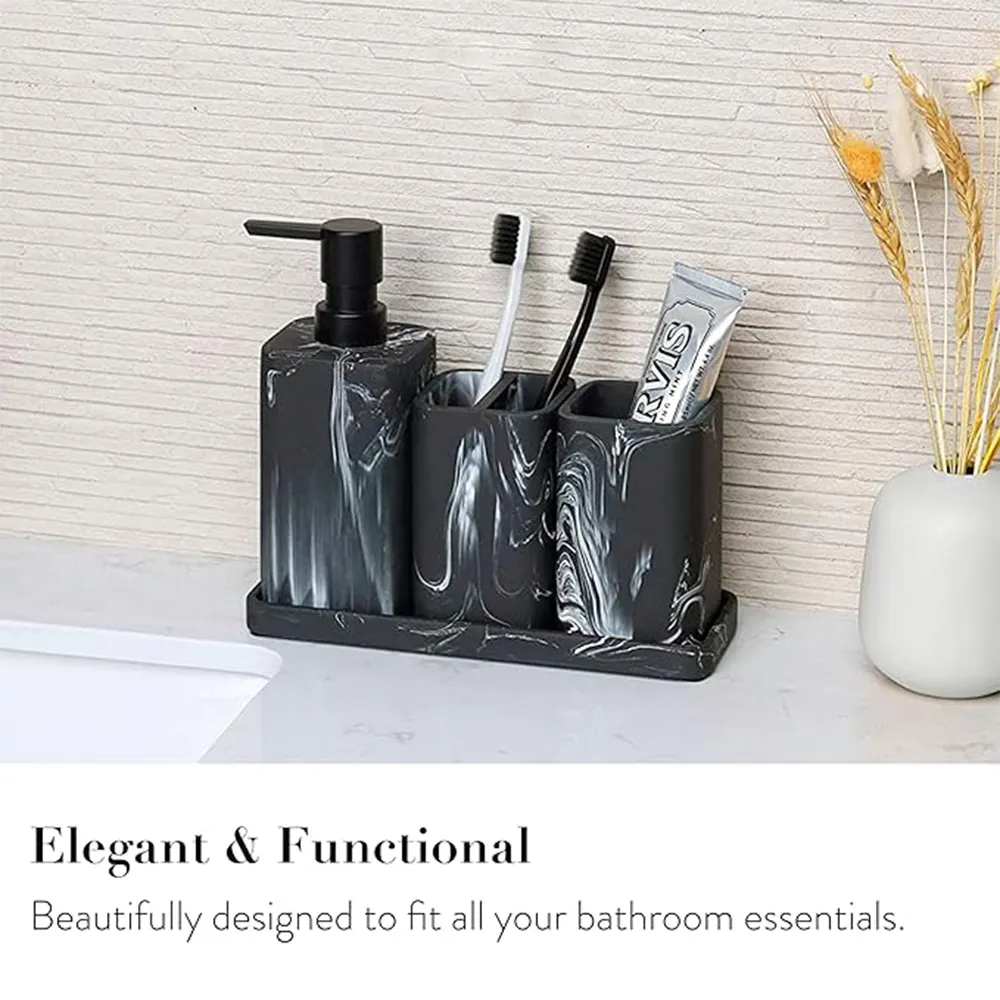 Hot Selling Bathroom Sets Luxury 8 Pcs White Black Splash-Ink Design Resin Bathroom Accessories Set Hand Soap Dispenser