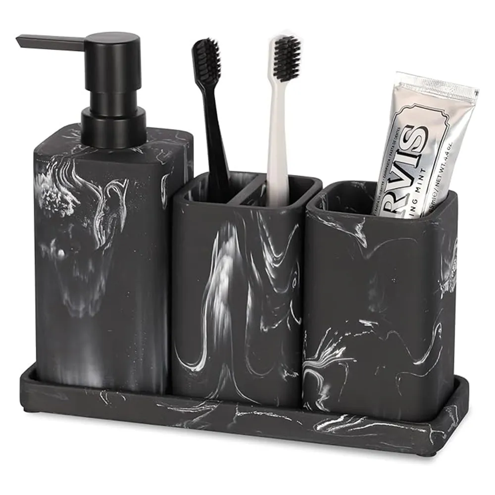 Hot Selling Bathroom Sets Luxury 8 Pcs White Black Splash-Ink Design Resin Bathroom Accessories Set Hand Soap Dispenser