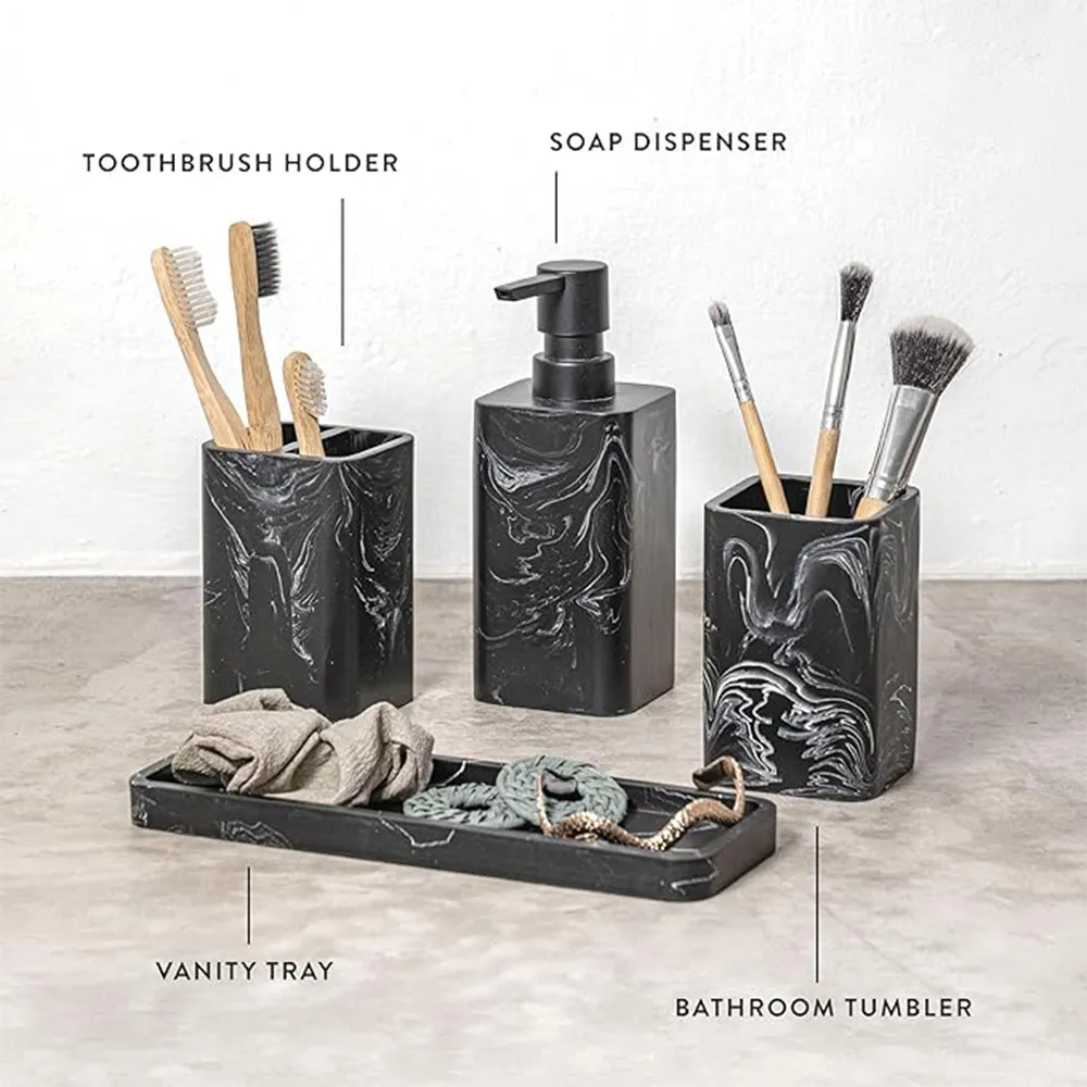 Hot Selling Bathroom Sets Luxury 8 Pcs White Black Splash-Ink Design Resin Bathroom Accessories Set Hand Soap Dispenser