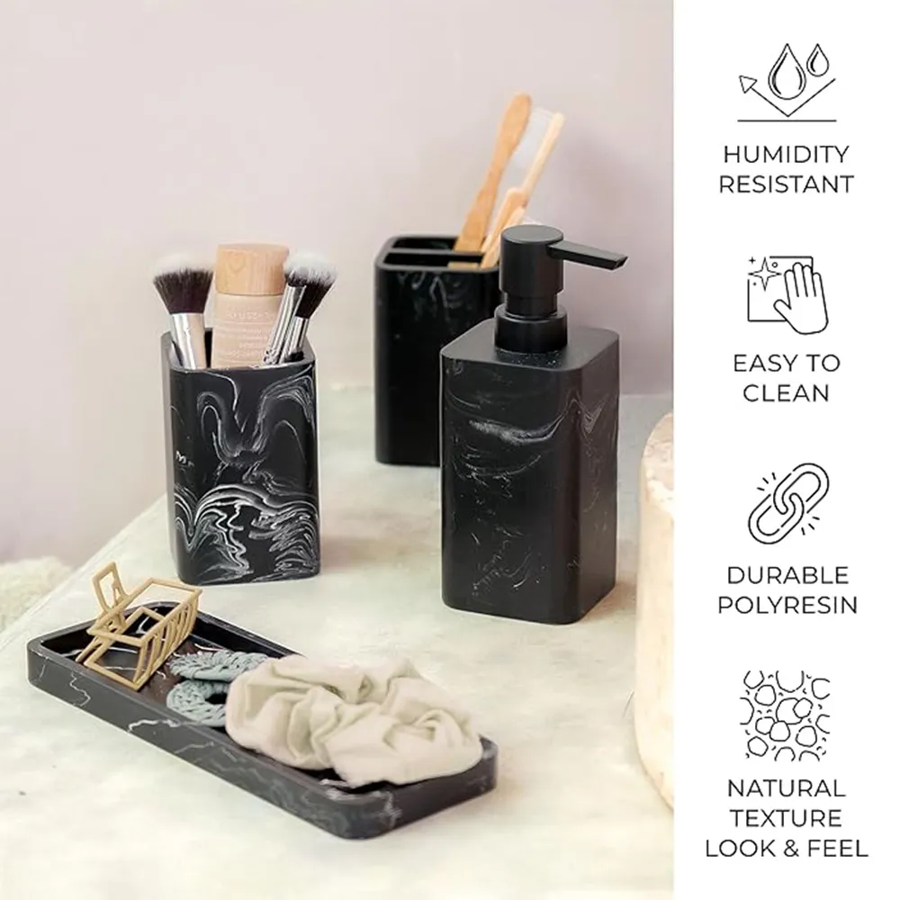 Hot Selling Bathroom Sets Luxury 8 Pcs White Black Splash-Ink Design Resin Bathroom Accessories Set Hand Soap Dispenser