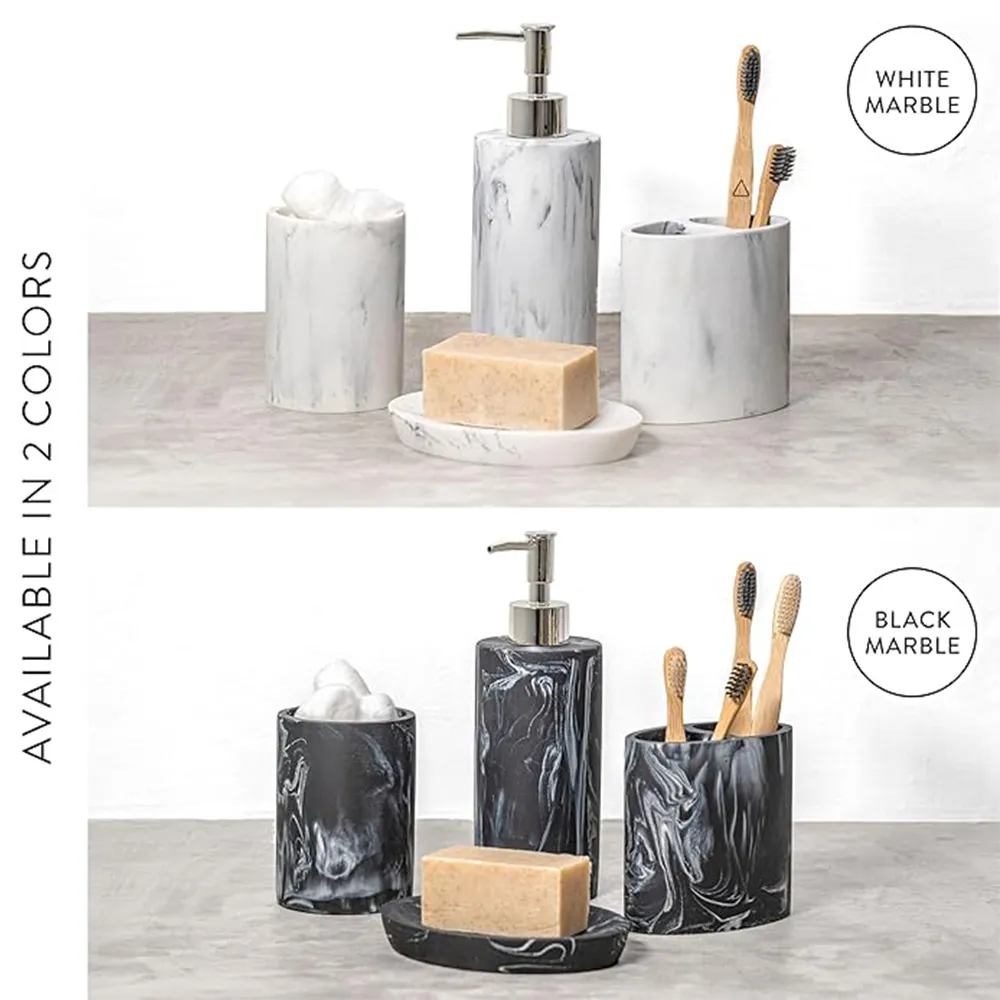 High Quality Water Transfer Printing Elegant Bathroom Sets Hotel Resin Marble Effect Bathroom Accessories Set Soap Dispenser