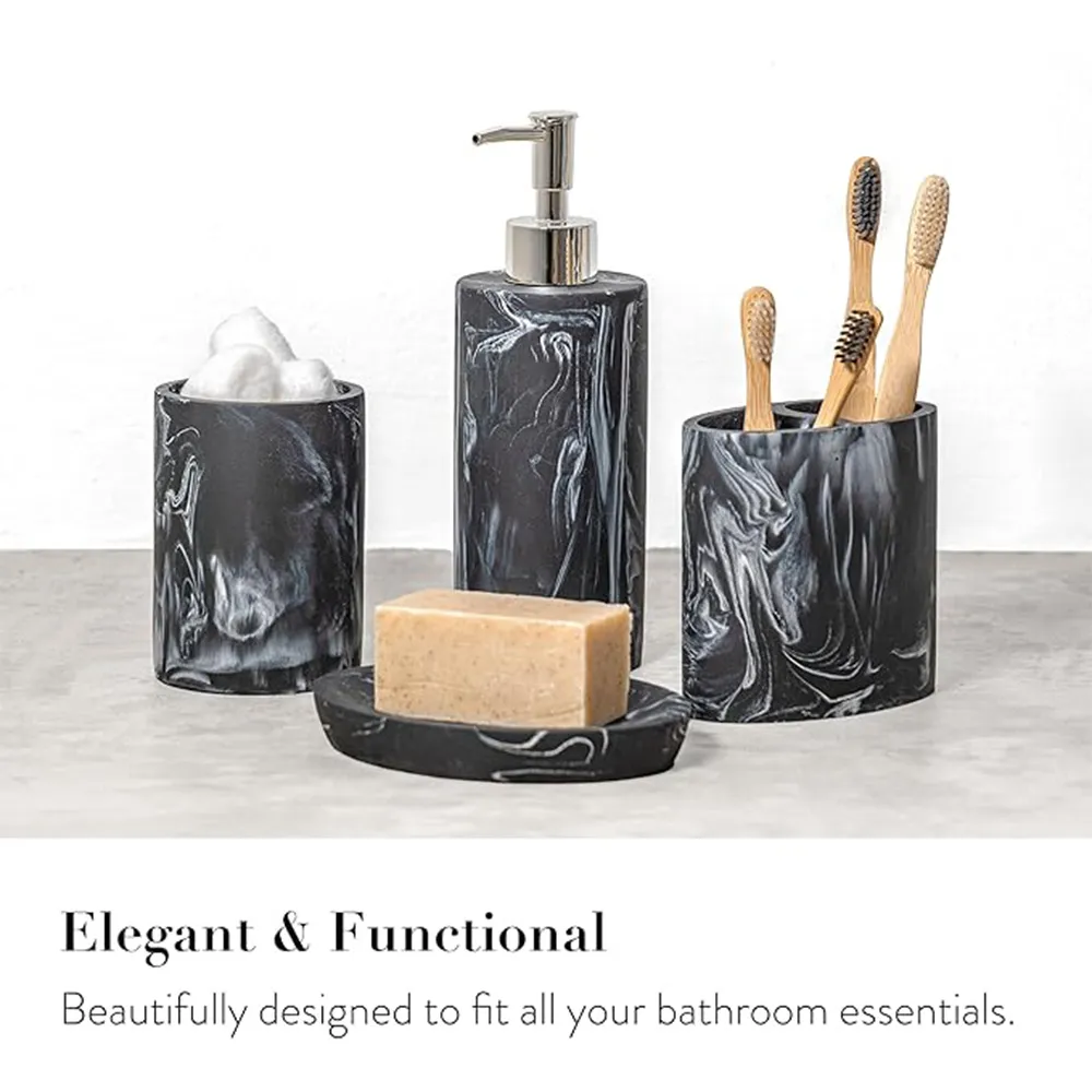 High Quality Water Transfer Printing Elegant Bathroom Sets Hotel Resin Marble Effect Bathroom Accessories Set Soap Dispenser