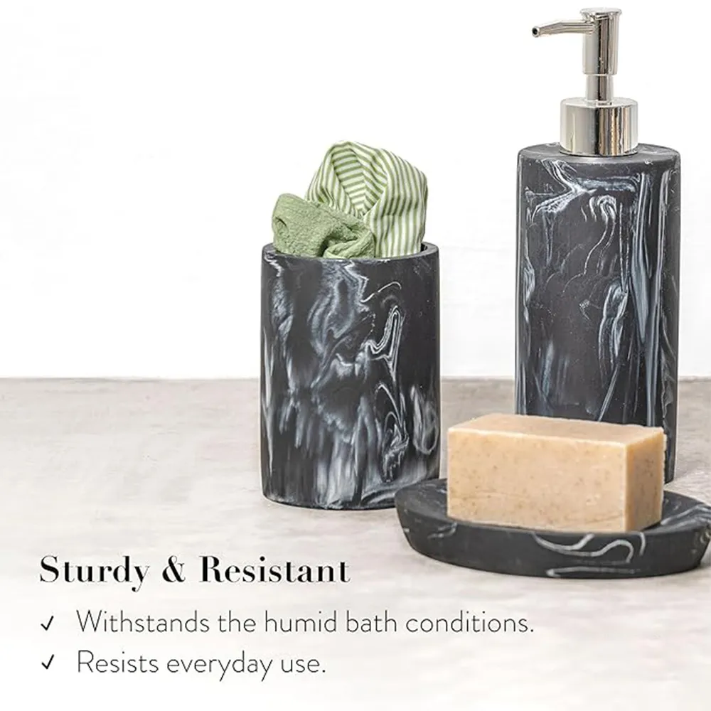 High Quality Water Transfer Printing Elegant Bathroom Sets Hotel Resin Marble Effect Bathroom Accessories Set Soap Dispenser