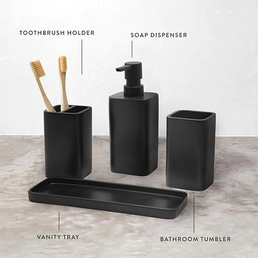 Best Selling Luxury Matte Black Home Bathroom Sets Decorations Resin Bathroom Accessories Set With Soap Dispenser