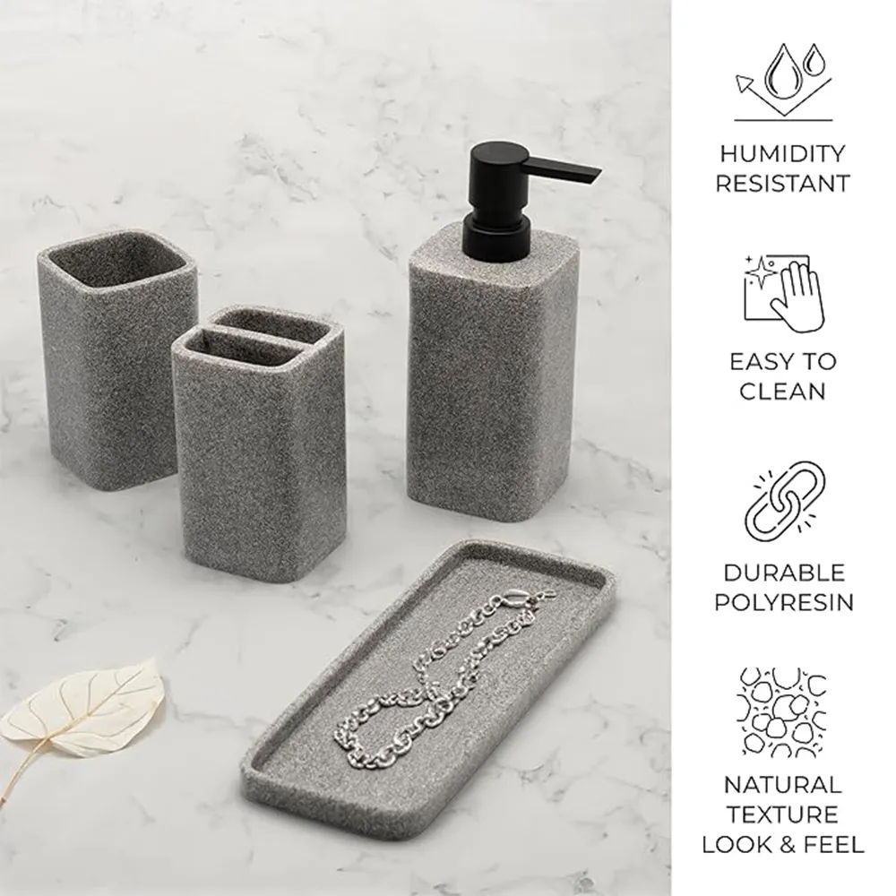 Wholesale Grey Classic Sand Terrazzo 4-Piece Sets Resin Bathroom Sets With Lotion Dispenser Tooth Brush Holder