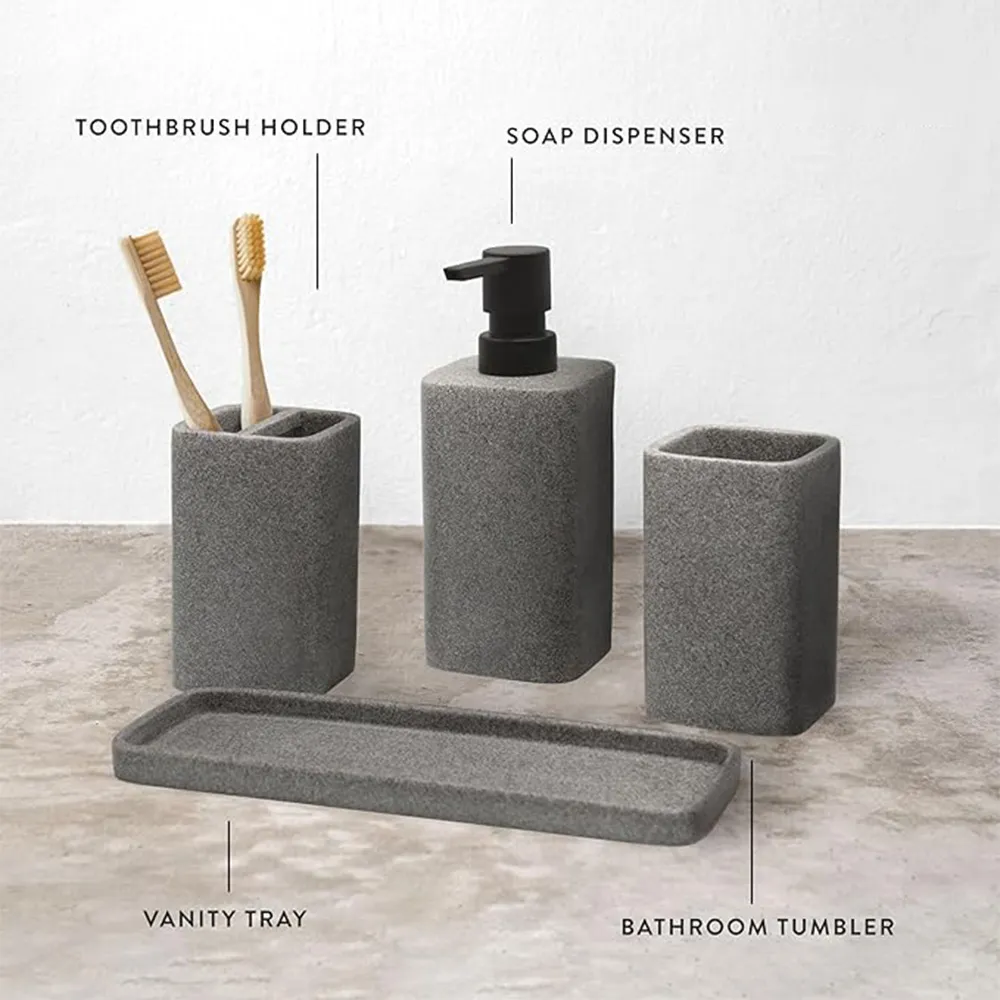 Wholesale Grey Classic Sand Terrazzo 4-Piece Sets Resin Bathroom Sets With Lotion Dispenser Tooth Brush Holder