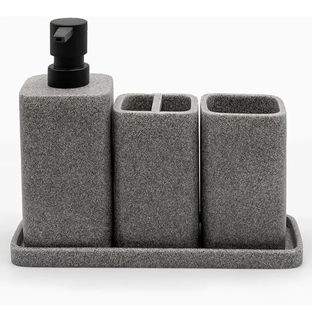 Wholesale Grey Classic Sand Terrazzo 4-Piece Sets Resin Bathroom Sets With Lotion Dispenser Tooth Brush Holder