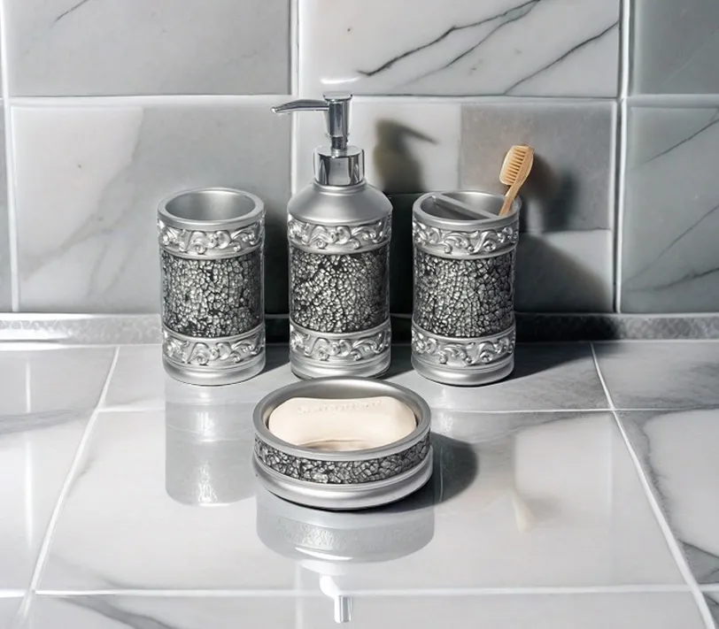 High Quality Resin Bathroom Accessories Set Best Price Black & Silvery Nordic Design 4 Piece Bathroom Sets With Soap Dispenser