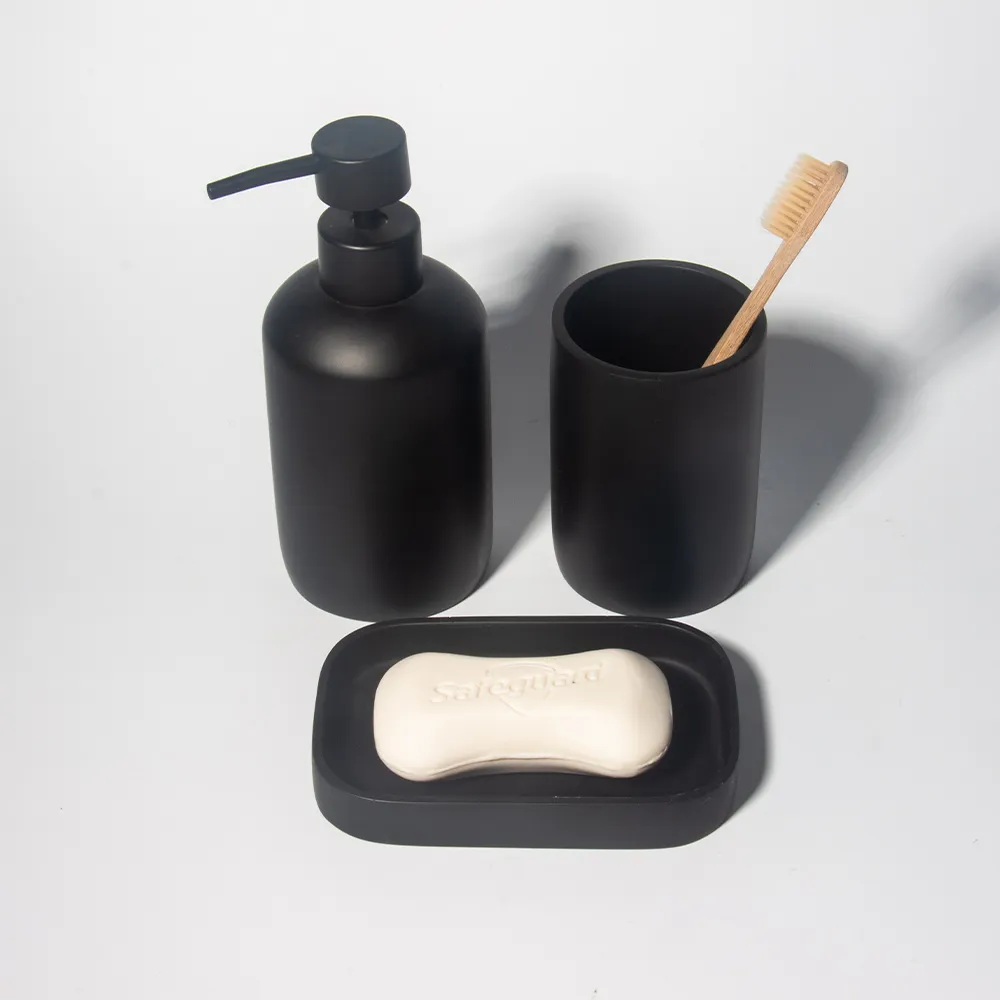 Best Quality Resin Bathroom Sets Lotion Dispenser Soap Dish Resin Bathroom Accessories Set Black Resin Bathroom Accessories