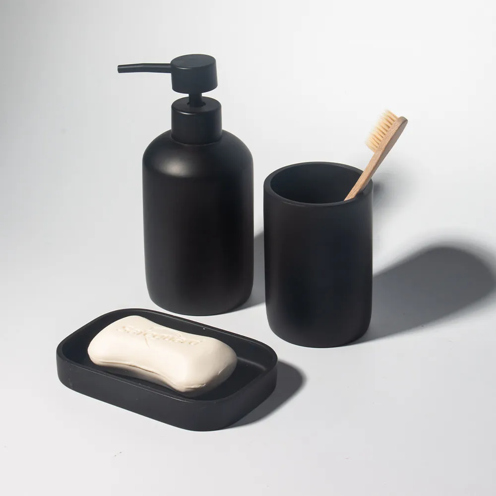 Best Quality Resin Bathroom Sets Lotion Dispenser Soap Dish Resin Bathroom Accessories Set Black Resin Bathroom Accessories