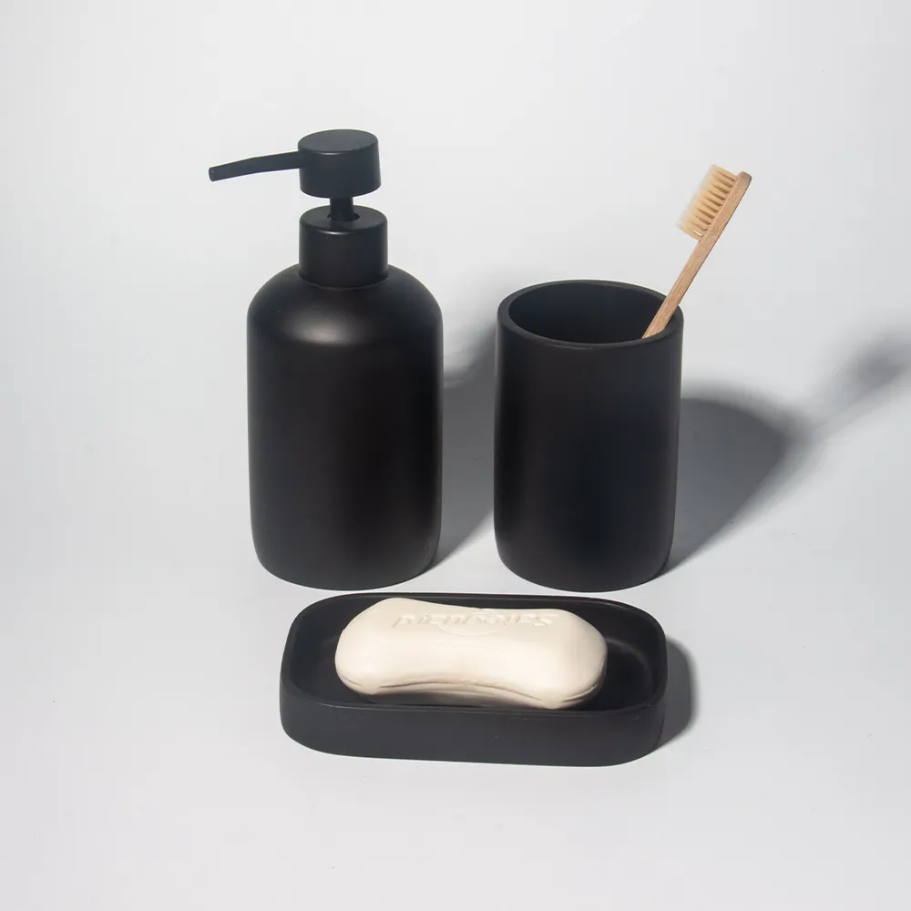 Best Quality Resin Bathroom Sets Lotion Dispenser Soap Dish Resin Bathroom Accessories Set Black Resin Bathroom Accessories