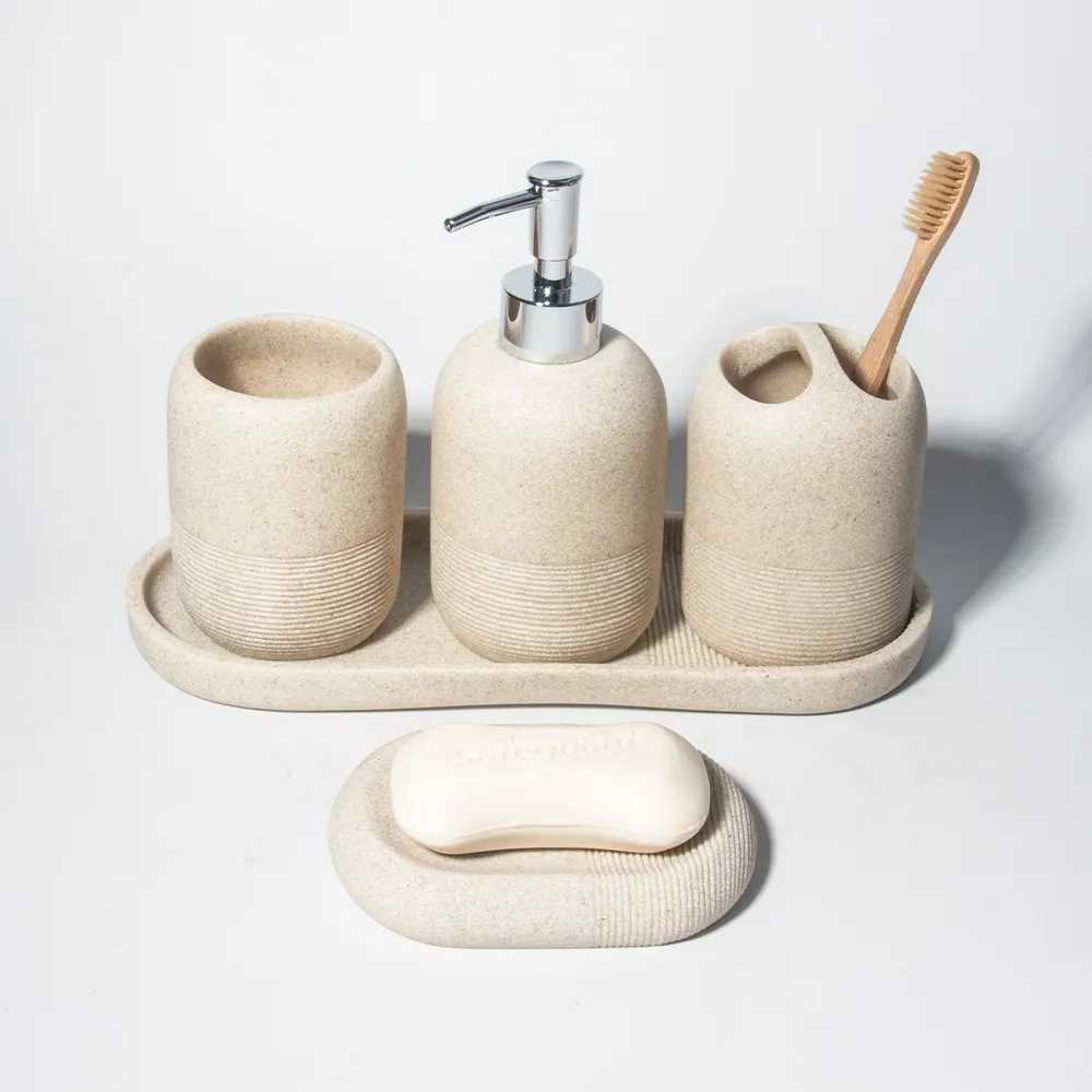 High Quality Custom Beige Resin Material Bathroom Accessories Set Five-Piece For Soap And Bath Holder For Home And Hotel Use