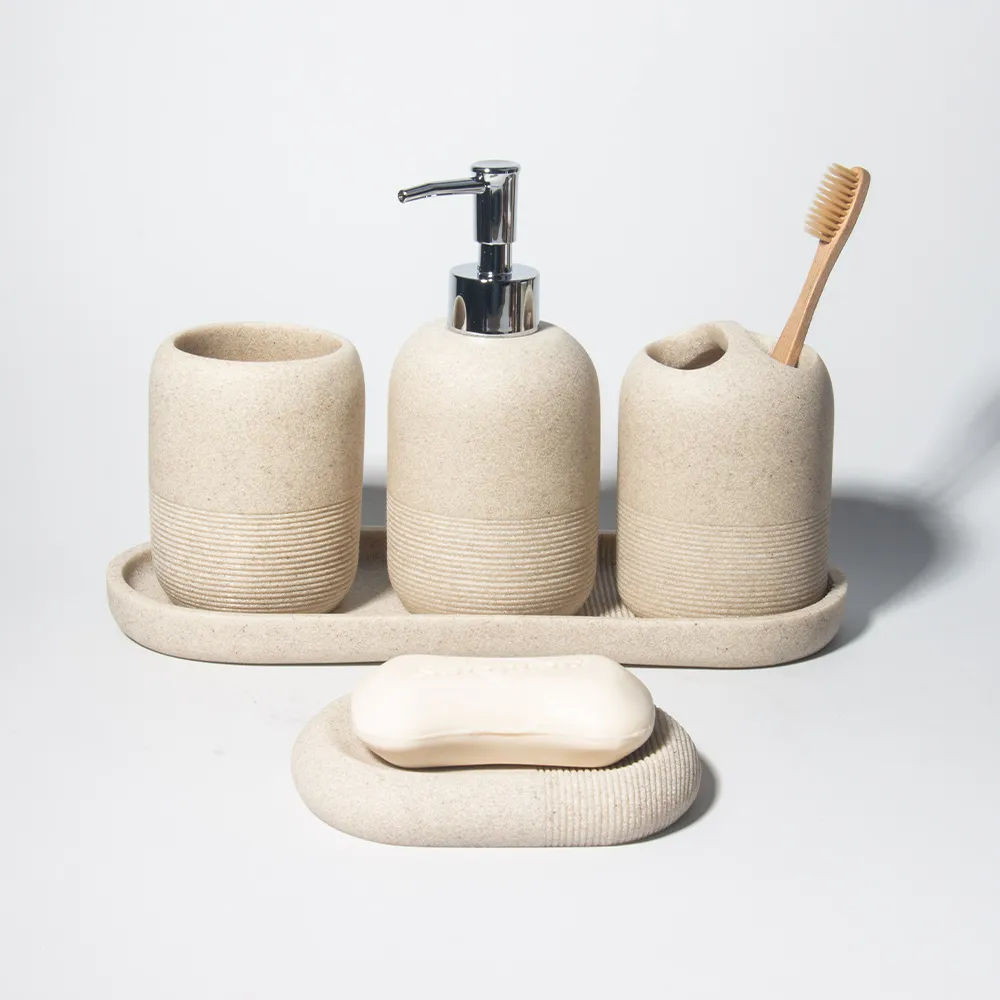 High Quality Custom Beige Resin Material Bathroom Accessories Set Five-Piece For Soap And Bath Holder For Home And Hotel Use